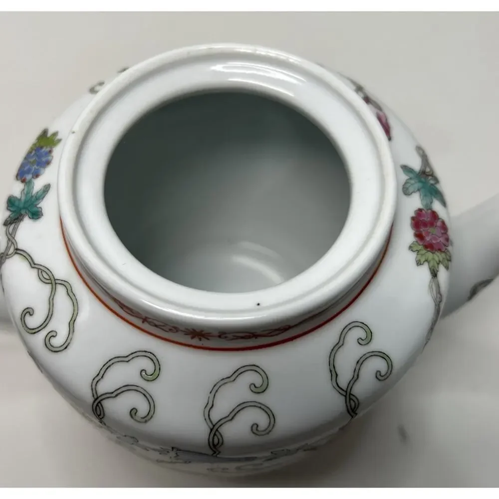 Vtg Chinese Jingdezhen Porcelain Floral Teapot Hand Painted Flowers Butterflies